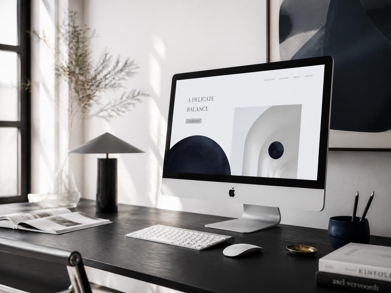 Minimal design studio workspace with a website layout on screen
